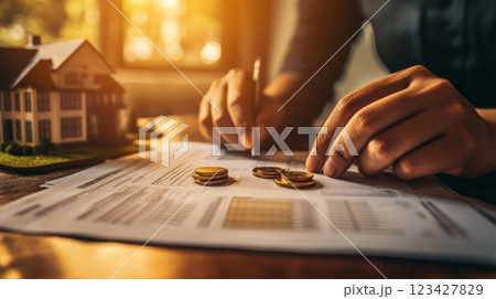 Accountant calculating a mortgage investment with gold coins, documents, and a miniature house, showing finance and real estate expertise in managing money and property 123427829
