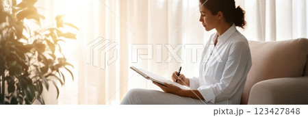 Young woman wearing a white shirt is sitting on a sofa near a window, bathed in sunlight, while writing in a notebook with a pen 123427848