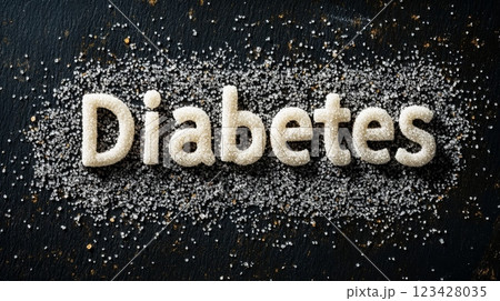 Sugar crystals forming the word diabetes on a dark background highlighting the dangers of sugar and promoting a low sugar lifestyle for diabetes prevention and management 123428035