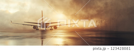 Large passenger airplane is standing on a wet runway with the sun setting behind it. The airplane is illuminated by the setting sun, creating a warm, inviting glow 123428081