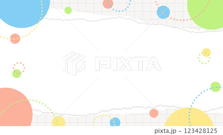破れた方眼用紙と円形オブジェクトのフレーム、ポップなデザイン 破れた方眼用紙と円形オブジェクトのフレーム、ポップなデザイン 123428125