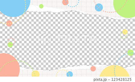 破れた方眼用紙と円形オブジェクトのフレーム、ポップなデザイン 破れた方眼用紙と円形オブジェクトのフレーム、ポップなデザイン 123428125