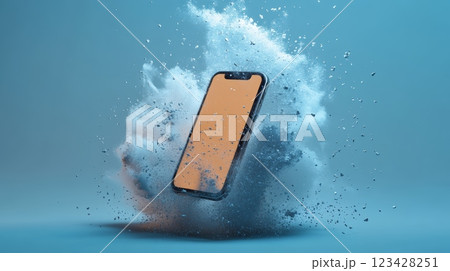 Modern smartphone with blank orange screen exploding with white powder creating an abstract background, perfect for technology and innovation concepts 123428251