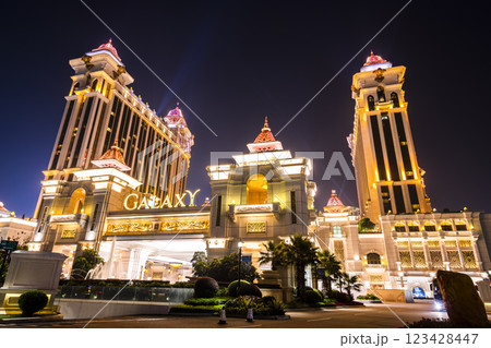 Beautiful night view of Galaxy Entertainment Group a hotel casino resort on the Cotai Strip in Macau, China. Beautiful night view of Galaxy Entertainment Group a hotel casino resort on the Cotai Strip in Macau, China. 123428447