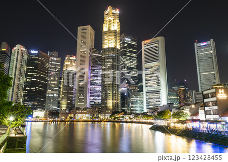 Night view of the skyscrapers in the Financial District of Boat Quay along the Singapore River. Night view of the skyscrapers in the Financial District of Boat Quay along the Singapore River. 123428455