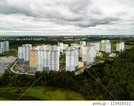 A Modern Urban Landscape featuring various Residential Buildings amidst the city life 123428511