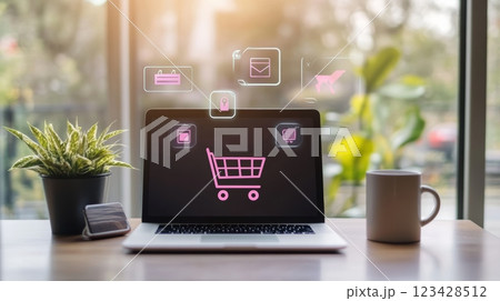Online shopping and e commerce concept is shown by a laptop displaying shopping cart and various icons, suggesting secure payment, delivery, and diverse product categories 123428512