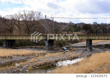 鉄橋を渡るローカル線の風景 123428573