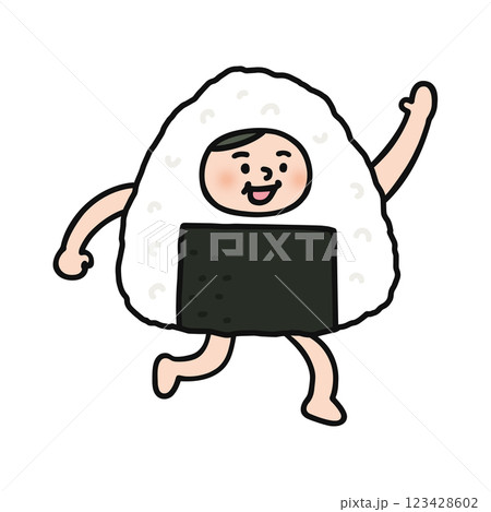 おむすびの着ぐるみを着た人物　手を振る 123428602