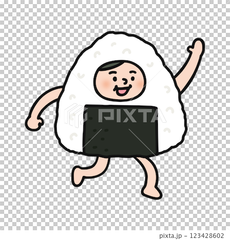 おむすびの着ぐるみを着た人物　手を振る 123428602