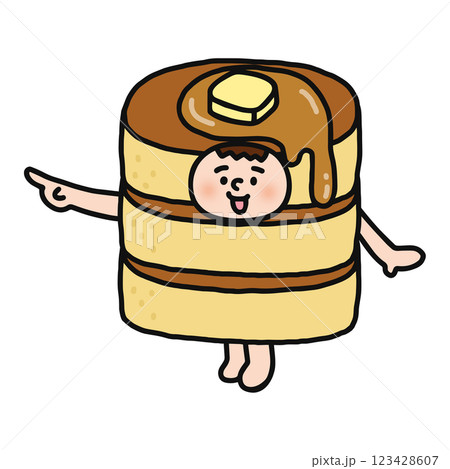ホットケーキの着ぐるみを着た人物　指差し 123428607