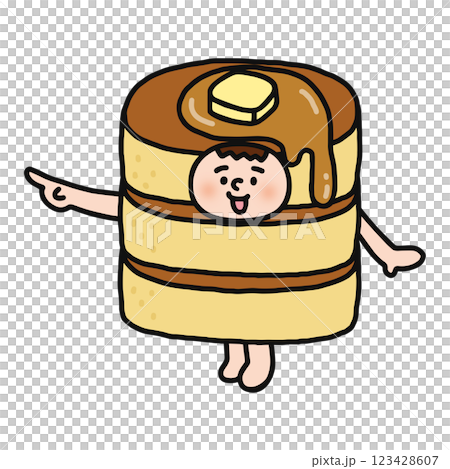 ホットケーキの着ぐるみを着た人物　指差し 123428607