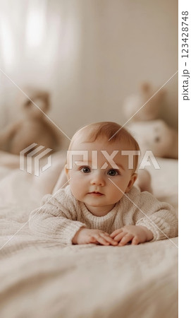 Adorable baby is lying on their stomach on a soft blanket, wearing a cozy sweater and looking forward with curiosity 123428748