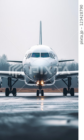White passenger jet airplane is taxiing on the runway of an airport on a cloudy day. The airplane is preparing for takeoff 123428790