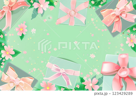 Spring gift box with pink bow and flowers on pastel green background for sale promotion 123429289