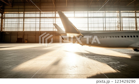 Modern white passenger airplane parked in a spacious hangar at sunset, bathed in warm golden light, capturing the essence of travel and aviation 123429290