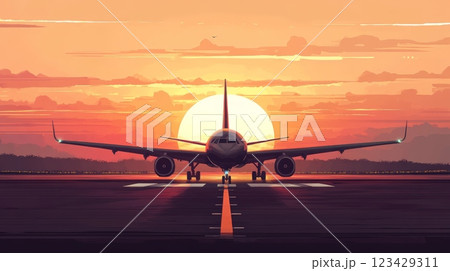 Passenger airliner taxiing on a runway at sunset, with warm colors creating a dramatic backdrop 123429311