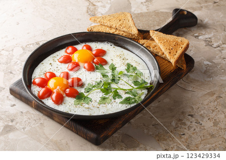 Children's food idea in the form of a flower of fried eggs, cherry tomatoes and parsley close-up in a plate. Horizontal Children's food idea in the form of a flower of fried eggs, cherry tomatoes and parsley close-up in a plate. Horizontal 123429334