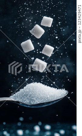 White sugar cubes falling on a spoon full of granulated sugar against a dark background, creating a visually appealing representation of sugar consumption and its potential health implications 123429471