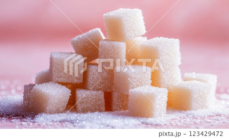 Granulated sugar cubes forming a pyramid on a pink surface, symbolizing excessive sugar intake and the need for sugar reduction in a healthy lifestyle 123429472