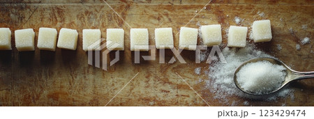 Ten sugar cubes arranged on a wooden table with granulated sugar in an old spoon represent the concept of sugar reduction and a low sugar lifestyle 123429474