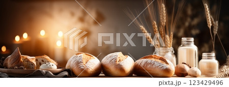 Fresh delicious bread banner on defocused white background with copy space for text in kitchen 123429496