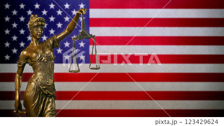 Lady Justice before a flag of the American flag Lady Justice before a flag of the American flag 123429624