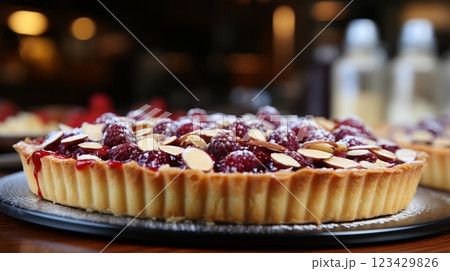 Fresh english bakewell tart with frangipane filling and raspberry jam on blurred kitchen background 123429826
