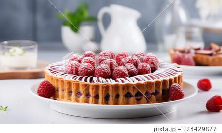 Bakewell tart with frangipane filling and raspberry jam on blurred white kitchen background 123429827