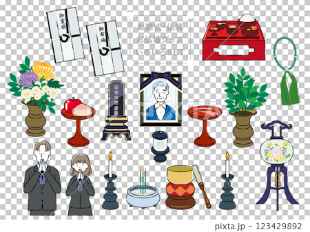お葬式・仏具・お仏壇・セットイラスト お葬式・仏具・お仏壇・セットイラスト 123429892