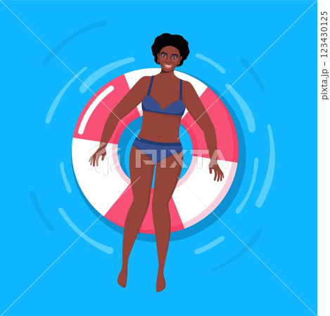 Happy black woman in swimsuit floating on rubber ring in swimming pool or in the sea. Relaxation, enjoying life concept. Vector Illustration. 123430125