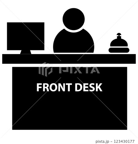 Hotel front desk icon. 24 hour front sign. Front desk customer service symbol. Front desk logo. flat style. Hotel front desk icon. 24 hour front sign. Front desk customer service symbol. Front desk logo. flat style. 123430177