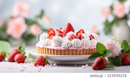 Fresh strawberry pie with sweet glaze on blurred kitchen background and copy space Fresh strawberry pie with sweet glaze on blurred kitchen background and copy space 123430228