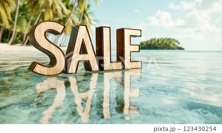 Large wooden letters spelling SALE stand in shallow tropical ocean water with palm trees and a bright blue sky in the background, creating a summer vacation discount concept. 123430254