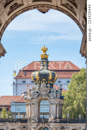 Crown gate of Zwinger palace complex with gardens, one of the most important buildings of the Baroque period in Dresden, Germany Crown gate of Zwinger palace complex with gardens, one of the most important buildings of the Baroque period in Dresden, Germany 123430444