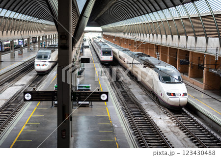Renfe high speed passanger train at Sevilla station in Spain Renfe high speed passanger train at Sevilla station in Spain 123430488