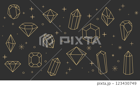 Crystal gemstone celestial gold thin line polygon stone, magic contour gem, polyhedron. Elegant outline geometric quartz, jewel. Mineral linear icon. Crystal gemstone celestial gold thin line polygon stone, magic contour gem, polyhedron. Elegant outline geometric quartz, jewel. Mineral linear icon. 123430749