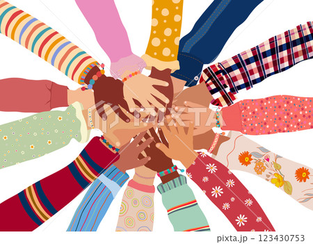Hands stacked in a circle of multicultural children. Diversity Equality school inclusion. Concept of education community unity or solidarity between group of students. Isolated 123430753