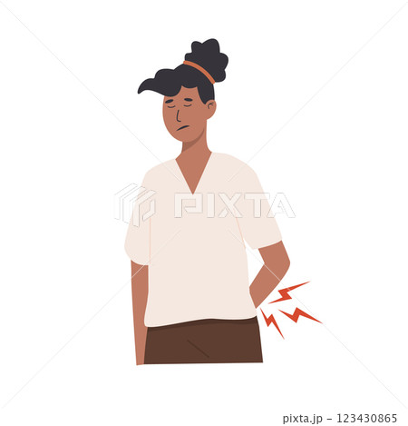 Afro woman suffering from back pain, holding her lower back with a pained expression. Medical concept of spine issues, posture problems, and physical pain. Flat Style Vector Illustration. 123430865