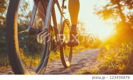 夕日に照らされた自転車に乗る人物 夕日に照らされた自転車に乗る人物 123430879