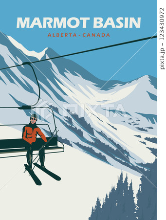 skier man on ski lift at marmot basin mountain poster design, ski vintage illustration design skier man on ski lift at marmot basin mountain poster design, ski vintage illustration design 123430972
