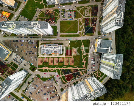 Modern Urban Landscape Aerial View of a Residential Area Featuring Diverse Amenities and Spaces Modern Urban Landscape Aerial View of a Residential Area Featuring Diverse Amenities and Spaces 123431174