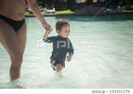 A one-year-old Caucasian boy walks hand in hand with his mother in a swimming pool.  123431179