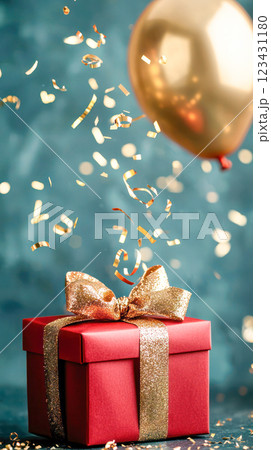 A festive red gift box with a sparkling gold ribbon, surrounded by golden confetti and a shiny balloon against a blurred teal background, creating a celebratory atmosphere. 123431180