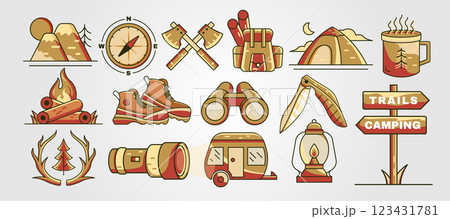 set of travel camp cartoon logo vector illustration design, outdoor logo pack set of travel camp cartoon logo vector illustration design, outdoor logo pack 123431781