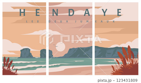 Hendaye Les Deux Jumeaux vintage poster illustration design, beautiful sandy beach at Hendaye poster . Hendaye Les Deux Jumeaux vintage poster illustration design, beautiful sandy beach at Hendaye poster . 123431809