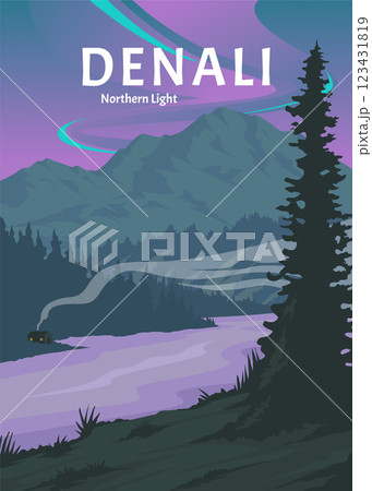 northern lights view at denali national park minimalist poster design 123431819