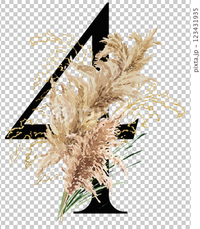 Black number 4 with watercolor biege and golden dried pampas grass, tropical wedding illustration 123431935