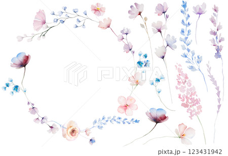 Frame made with hand drawn watercolor pastel wild flowers and leaves, isolated wedding illustration Frame made with hand drawn watercolor pastel wild flowers and leaves, isolated wedding illustration 123431942