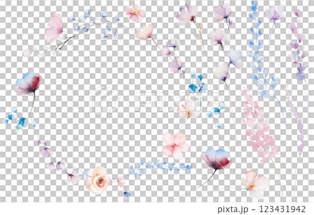 Frame made with hand drawn watercolor pastel wild flowers and leaves, isolated wedding illustration Frame made with hand drawn watercolor pastel wild flowers and leaves, isolated wedding illustration 123431942